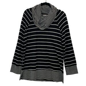 Chico's Women's Stripe Tunic Cowl Neck Lightweight Sweater Sz 1 8/10 Black Gray